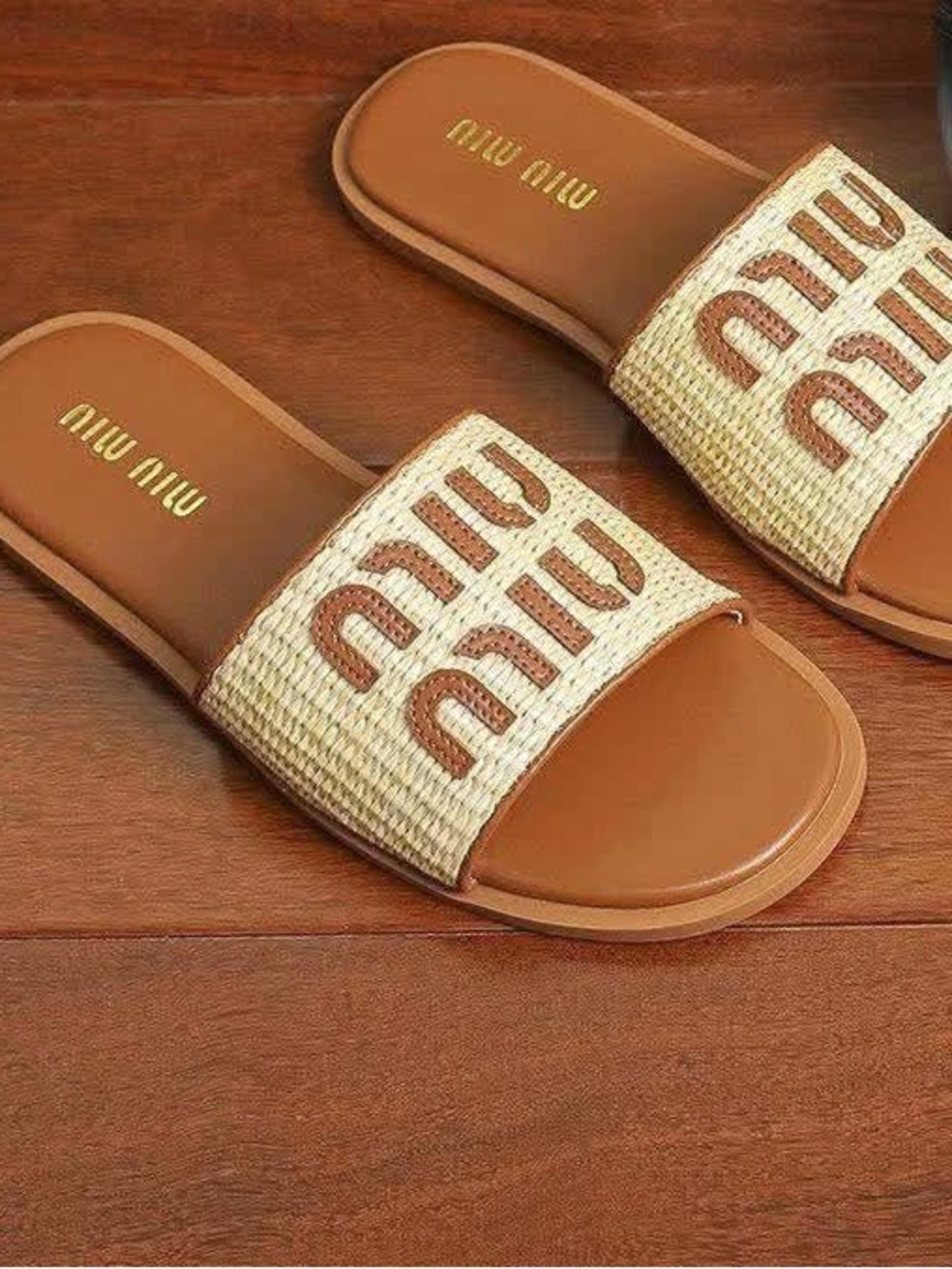 Miu Miu Tan and Natural Raffia Slide Sandals